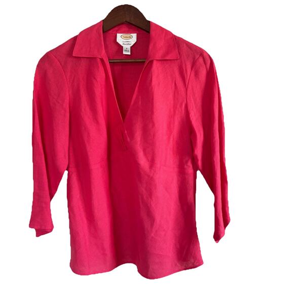 Talbots Irish Linen 3/4 Sleeve V-neck Side Zip Dark Pink Top Size 8 - Picture 1 of 14